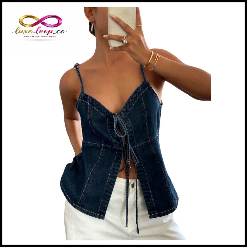 Denim Bow Tie Front Sleeveless Strappy Backless Peplum Top